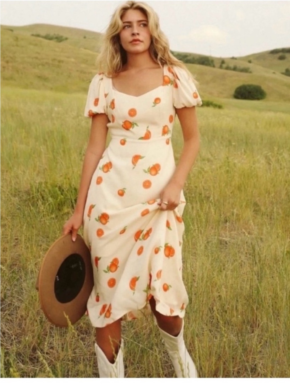 Jo West Darci Orange Cream Midi Sweetheart Puff Sleeve Boho Dress XL